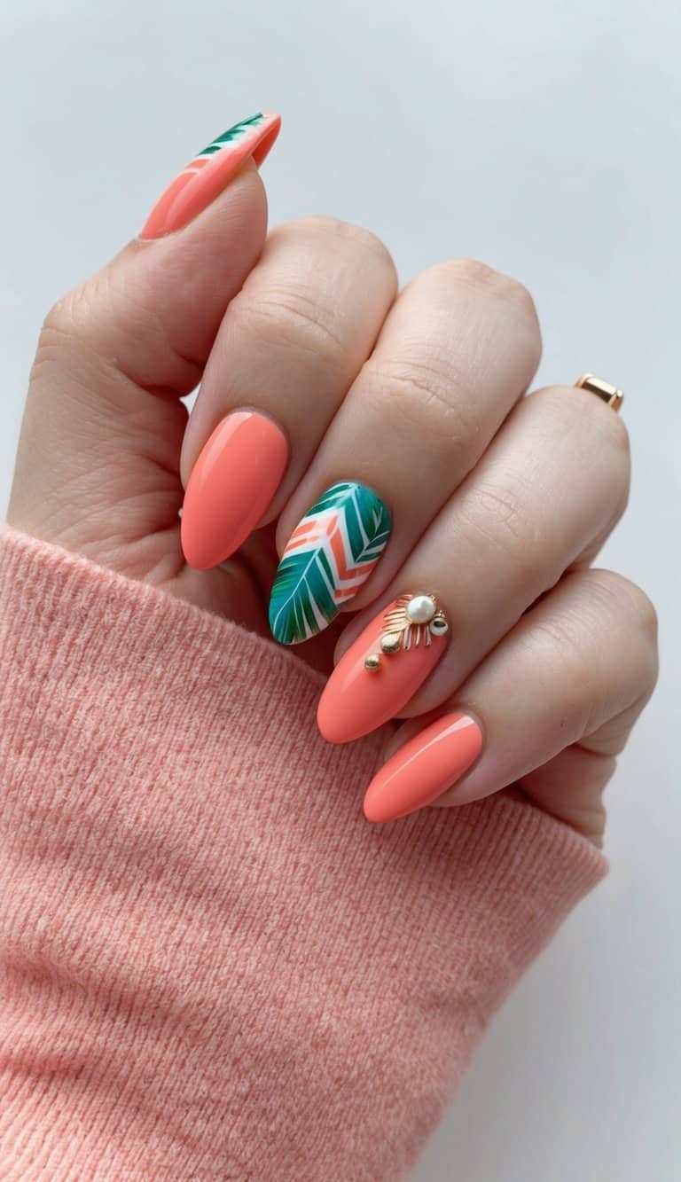 A coral chevron style nail art design with vibrant tropical elements
