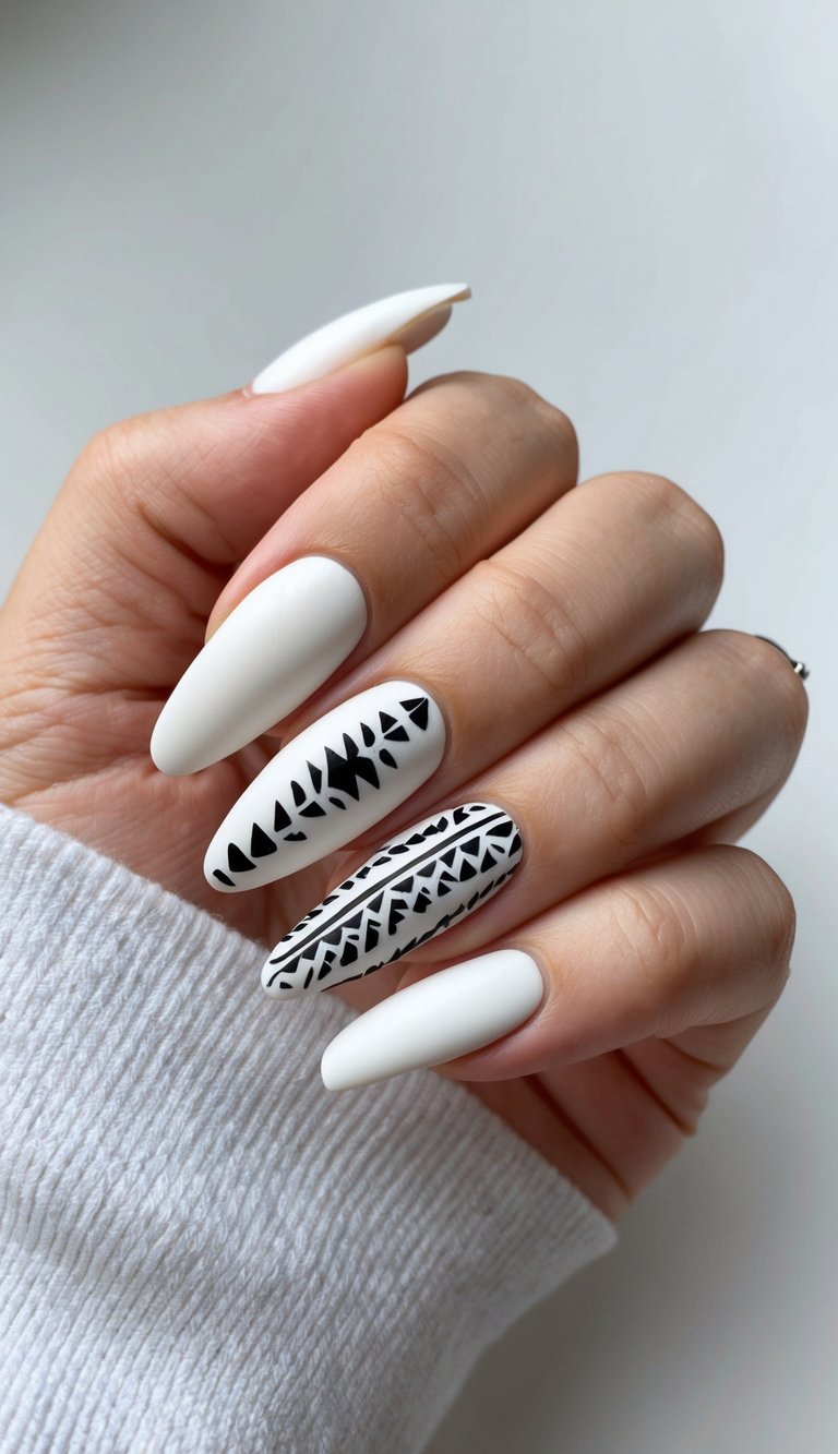 Matte white nails with bold black tribal patterns on accent fingers featuring triangles and intricate line details.
