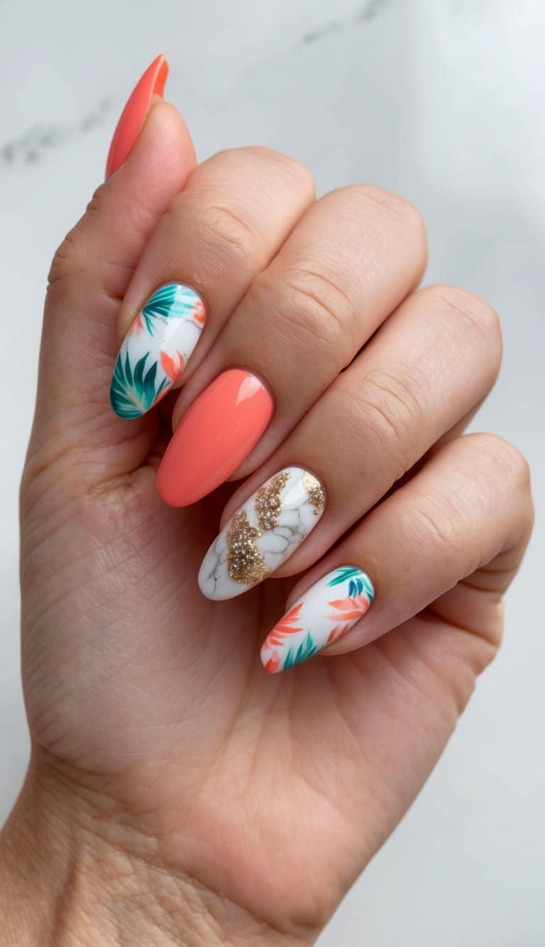 A colorful coral nail art palette with tropical motifs and marble textures
