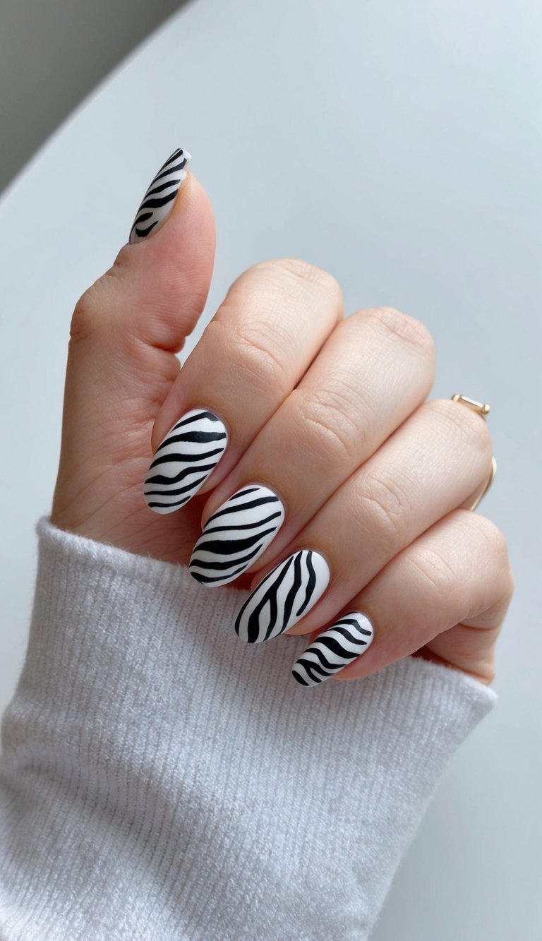 Close-up of a hand showing matte white zebra print nails with thin black stripe accents on all fingers.