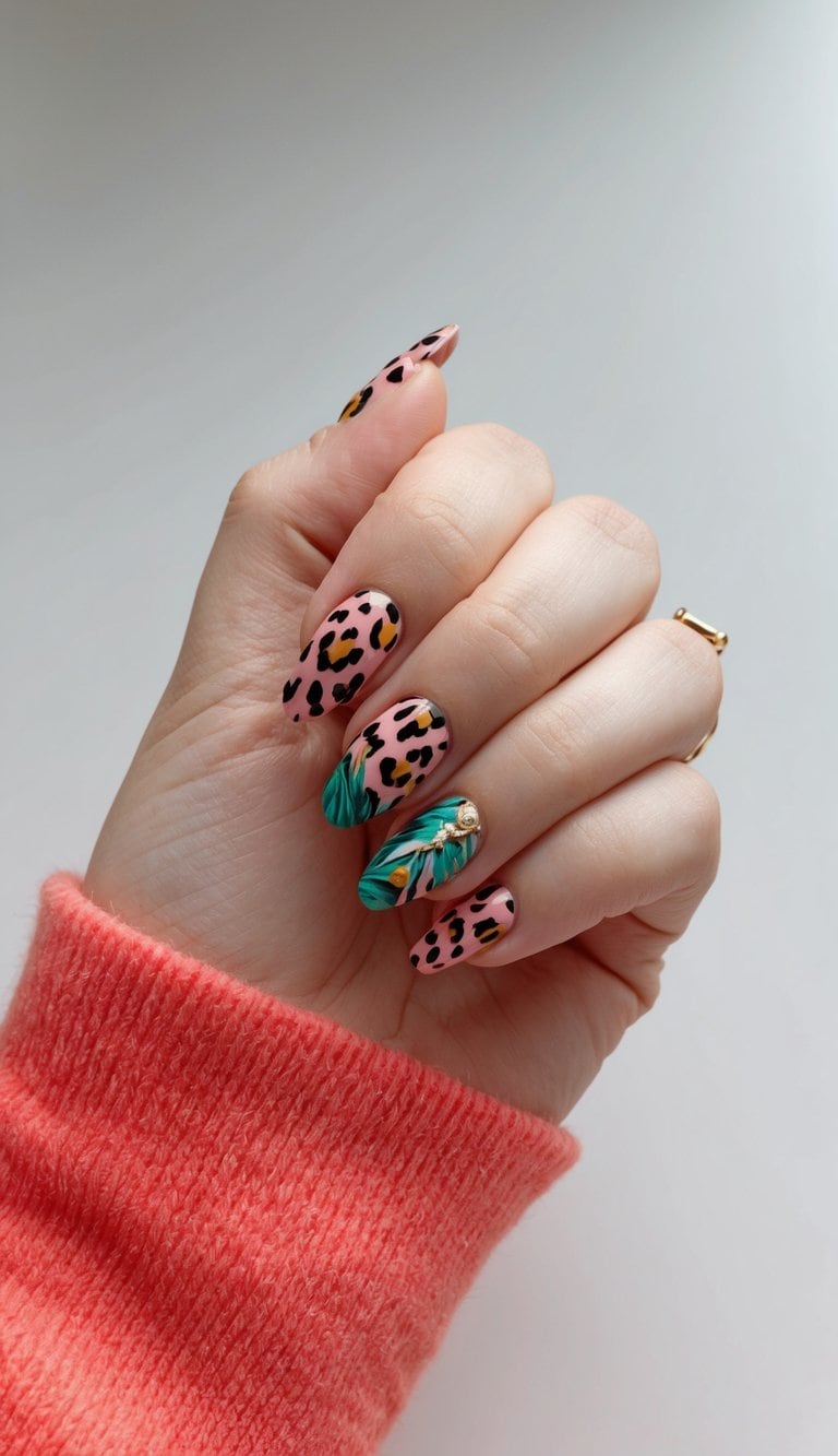 A coral leopard print nail design with tropical elements on a vibrant background