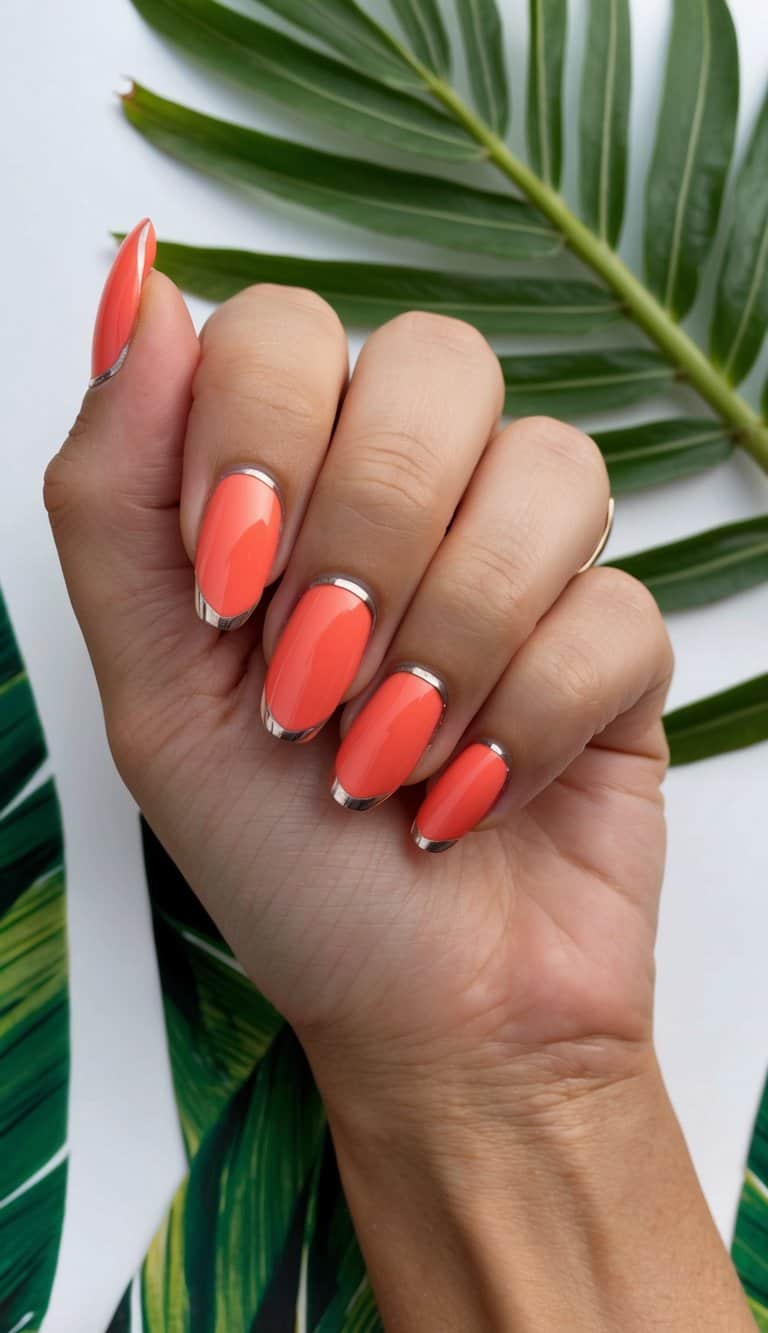 Vibrant coral nails with silver edges displayed on a tropical background