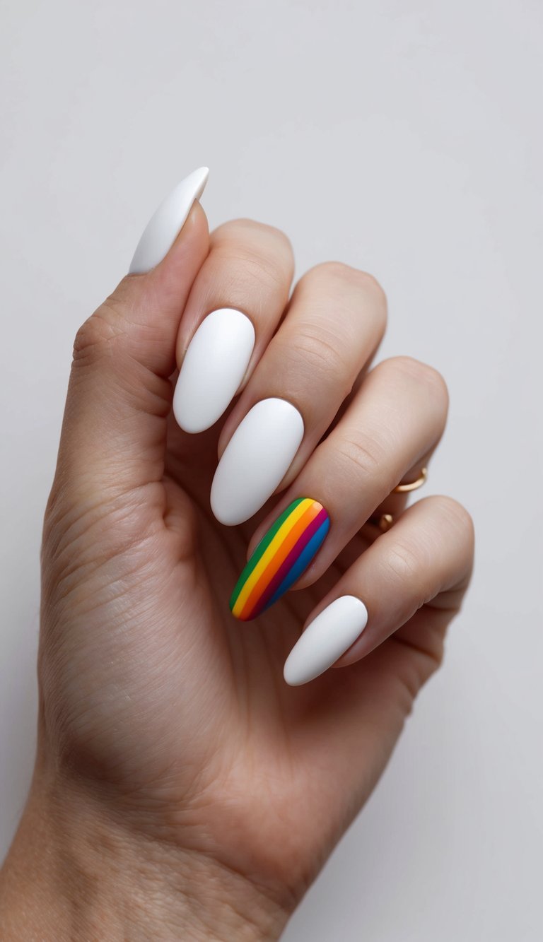 Hand with matte white almond-shaped nails featuring a single nail with bright vertical rainbow stripes.