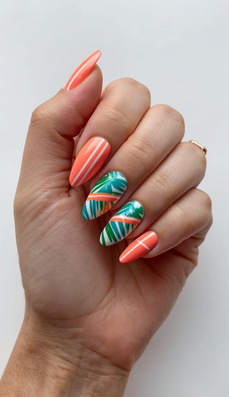 Vibrant coral Aztec lines on nails with tropical elements