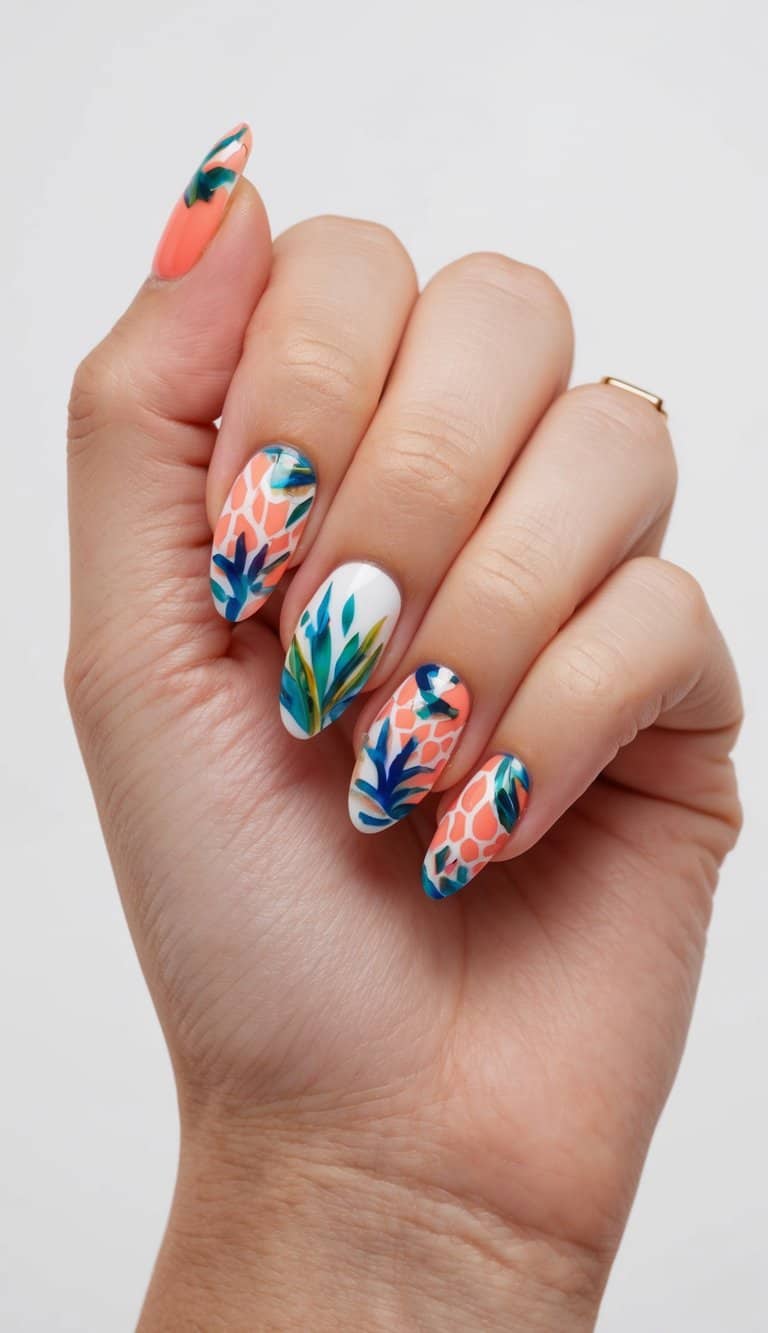 A close-up of coral stained glass nail art designs, with tropical elements and vibrant colors