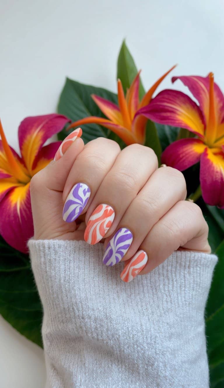 A coral and lavender swirl pattern on a nail, surrounded by tropical flowers and vibrant colors