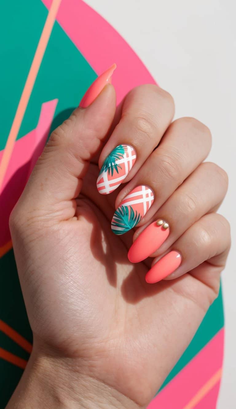 A tropical coral nail art design with crisscross tape accents on a vibrant background