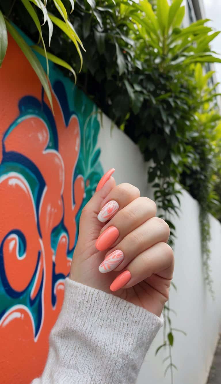 Vibrant coral graffiti art covering a tropical wall, surrounded by lush greenery