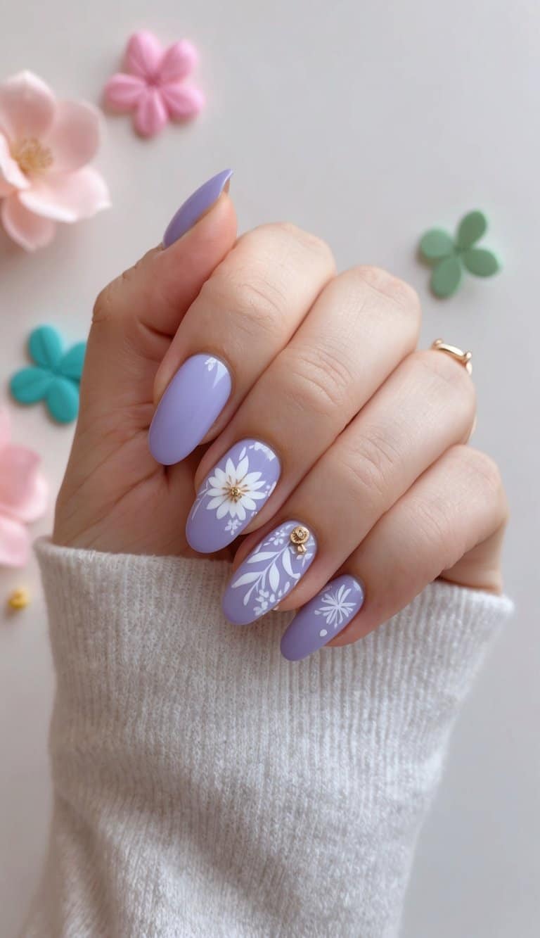 A close-up of periwinkle nails with delicate floral and geometric designs on a soft, pastel background