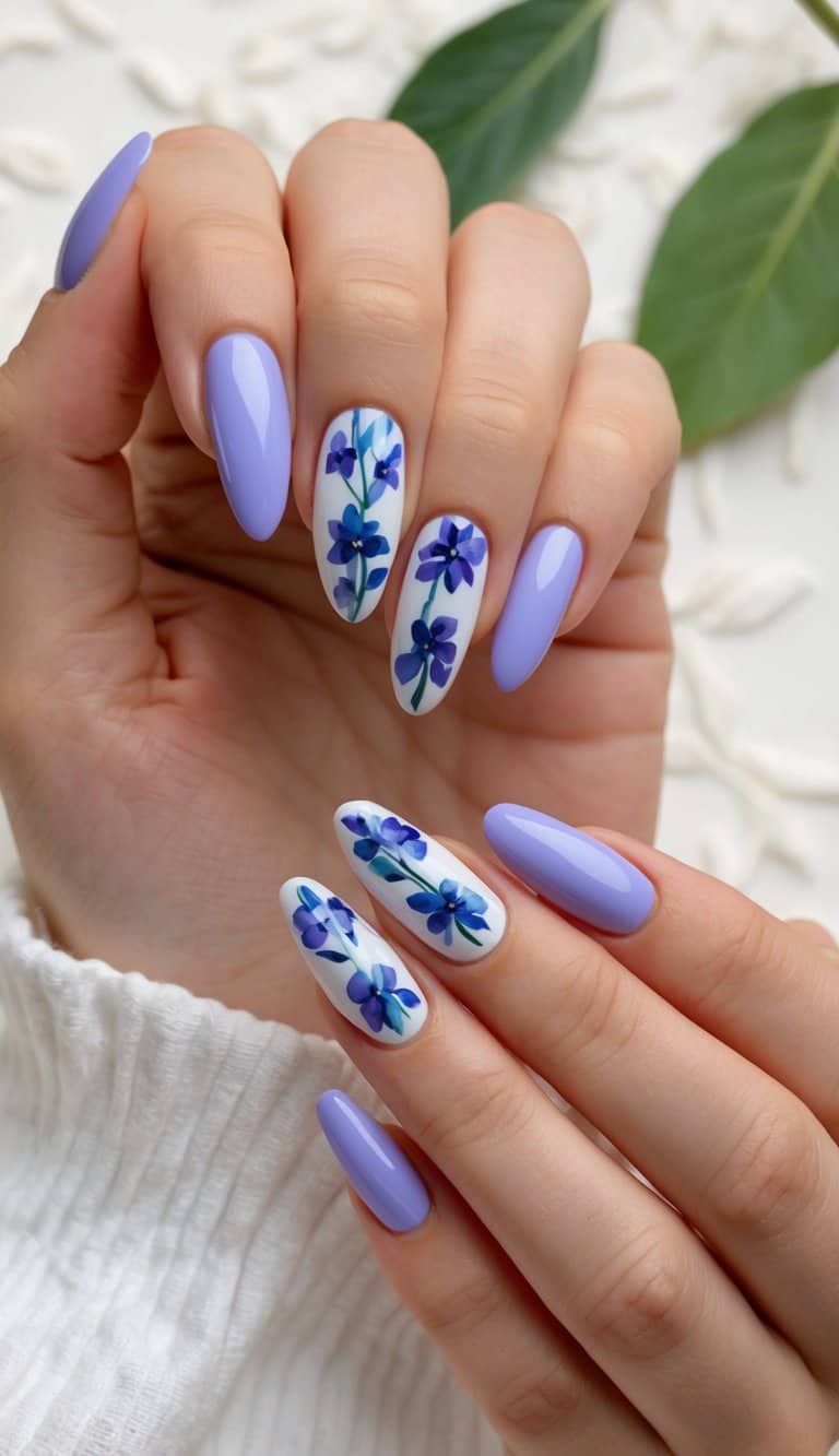 A close-up of periwinkle nail art designs on a soft, floral background