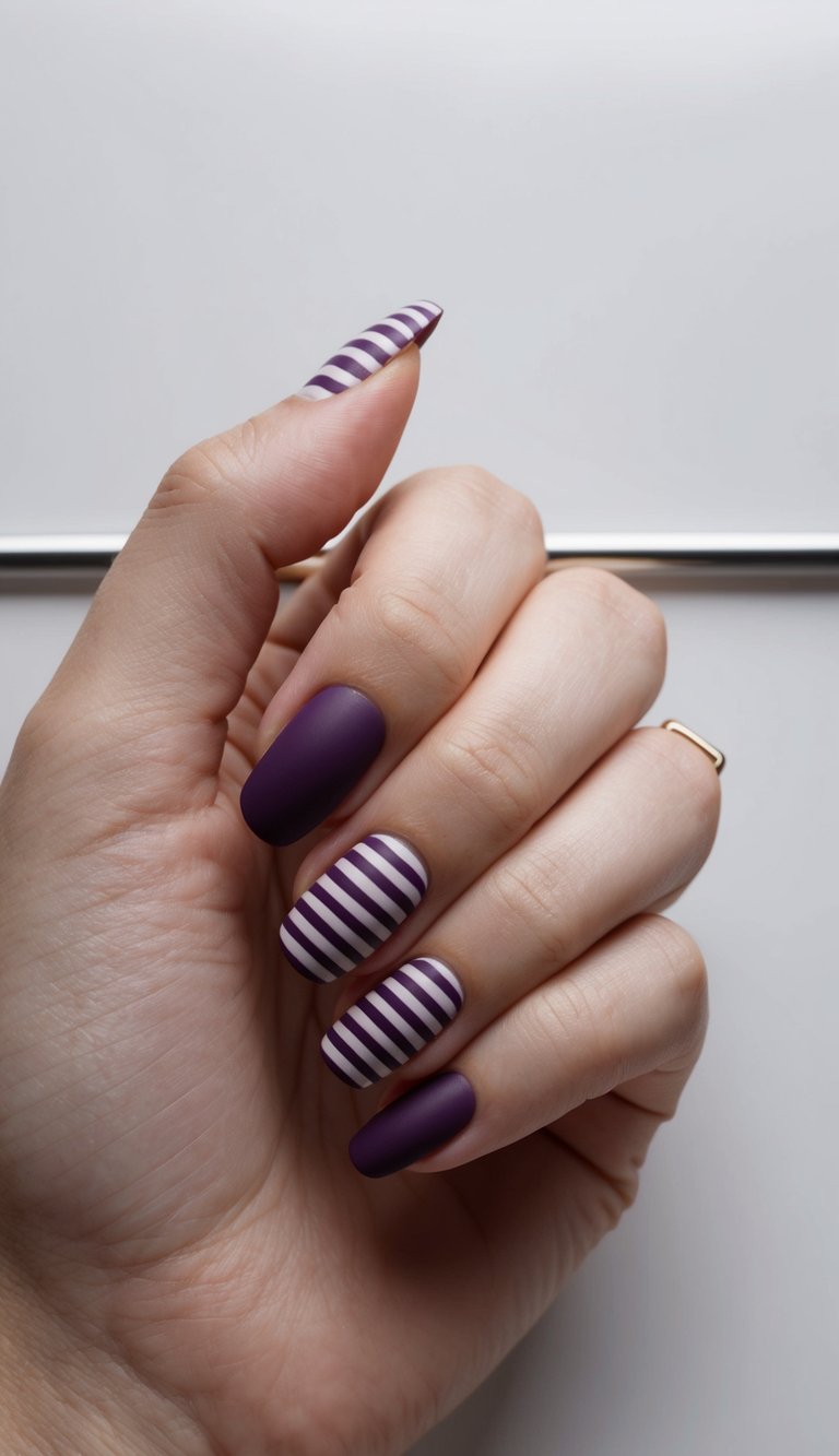 Matte deep purple nails with alternating white horizontal stripe patterns for a bold, playful twist on modern nail design.