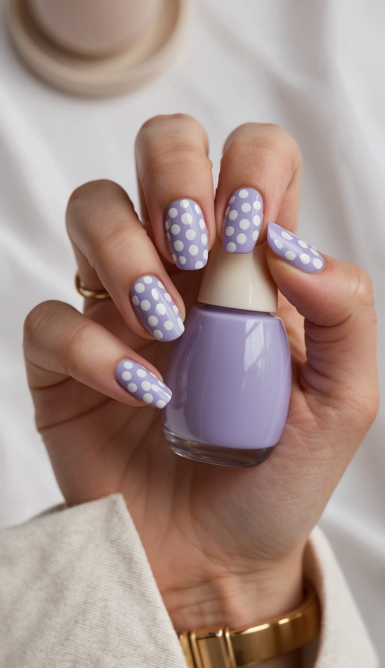 A periwinkle and white polka dot nail art design on a soft, stylish background