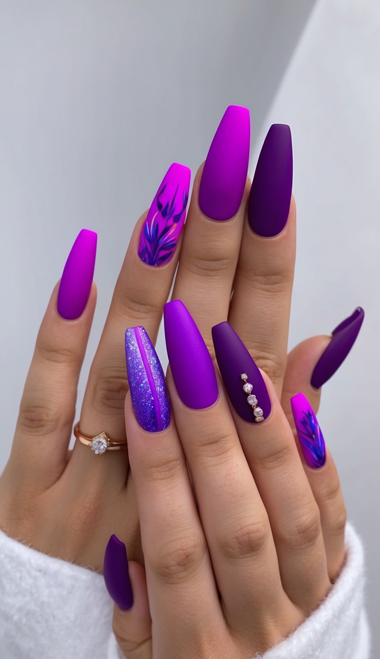 Matte purple nails in bold violet and magenta with rhinestones, shimmer glitter, and dark floral detailing for a striking glam effect.