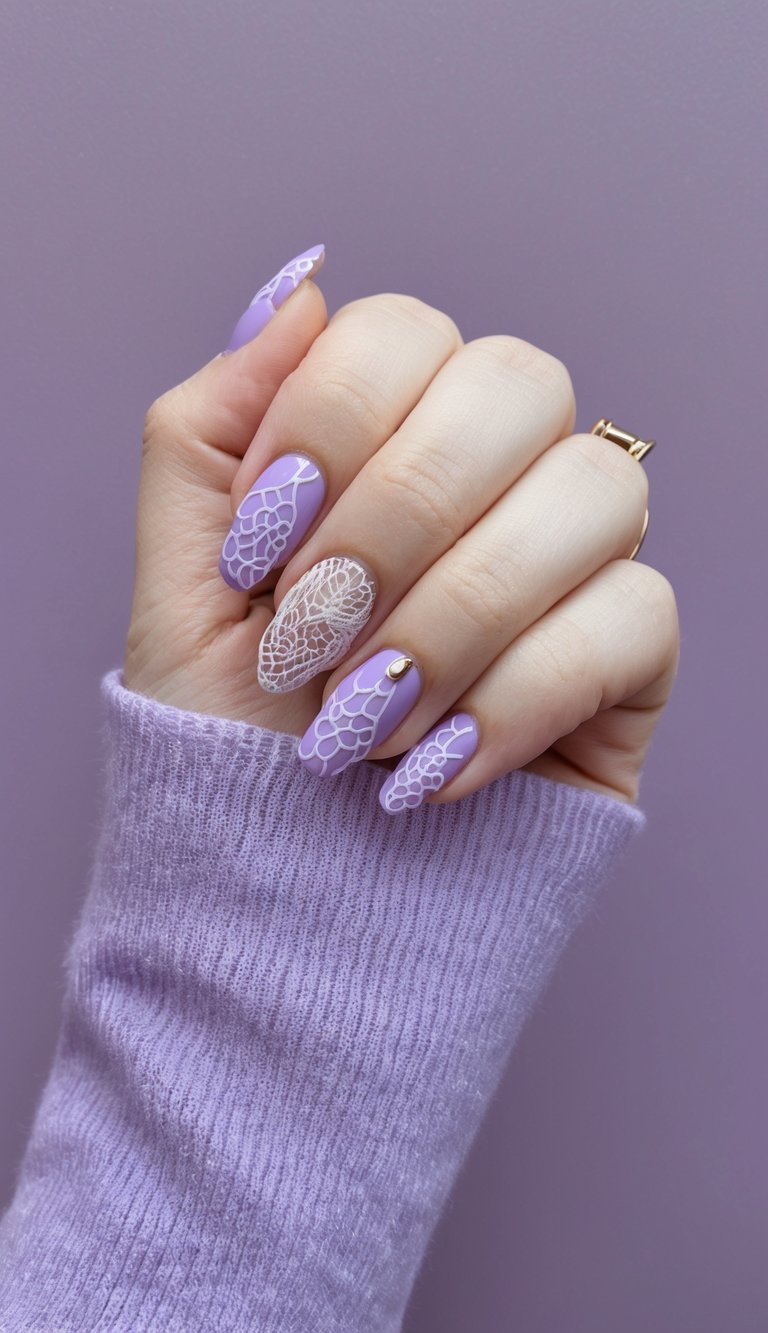 Matte lilac nails featuring white lace and scallop-like patterns with a gold stud accent on one finger for a romantic finish.