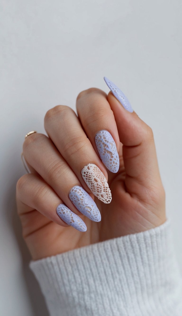 Delicate periwinkle lace patterns on nails, arranged in 50 stylish designs