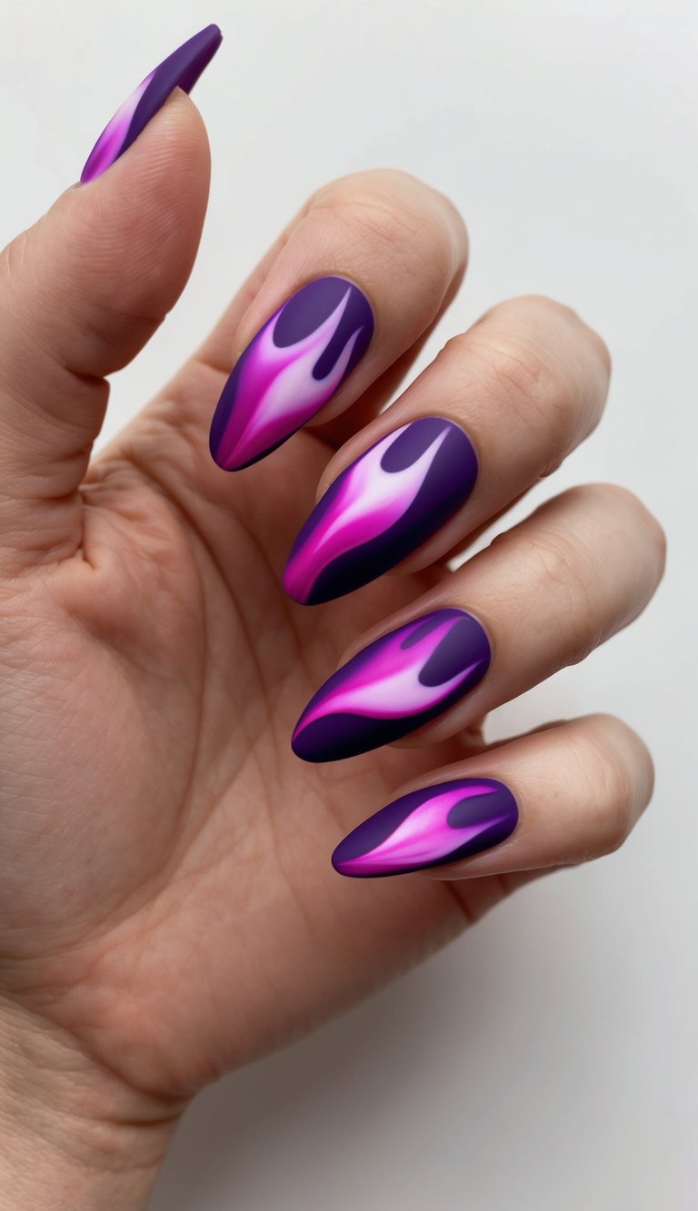 Neon pink and magenta flame nail art on a matte violet base, creating a vibrant, smokey-hot manicure look.