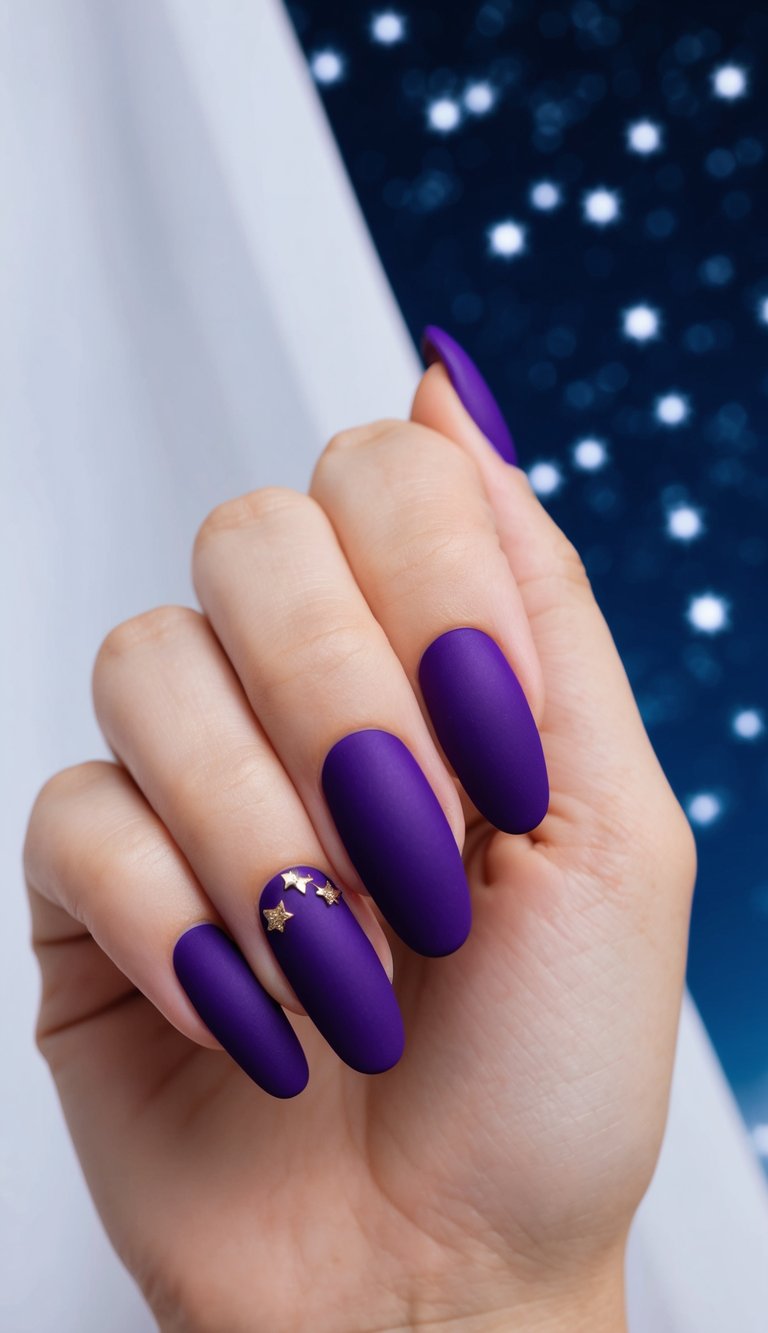 Deep matte purple nails adorned with small gold star decals on the ring finger, inspired by a starlit night sky.