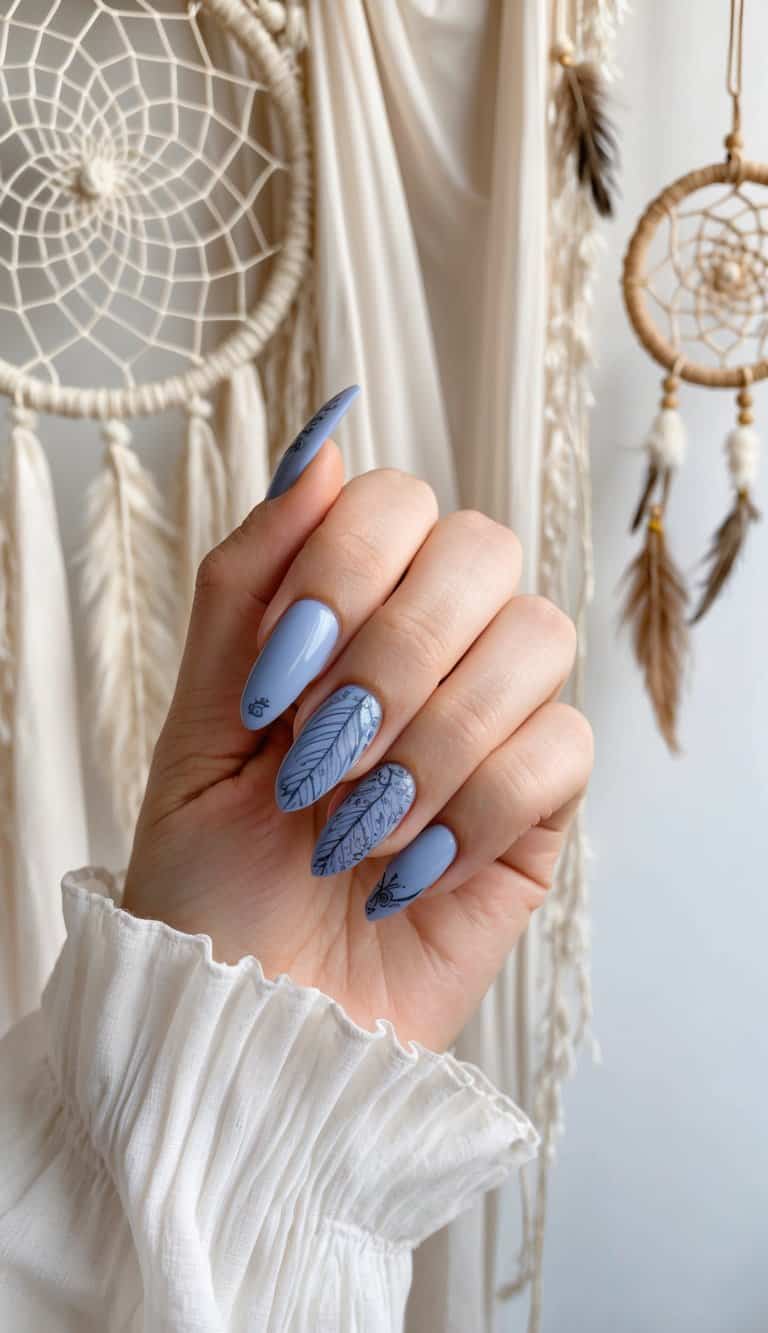 A close-up of periwinkle nails with intricate designs, set against a bohemian backdrop of dreamcatchers and soft, flowing fabrics