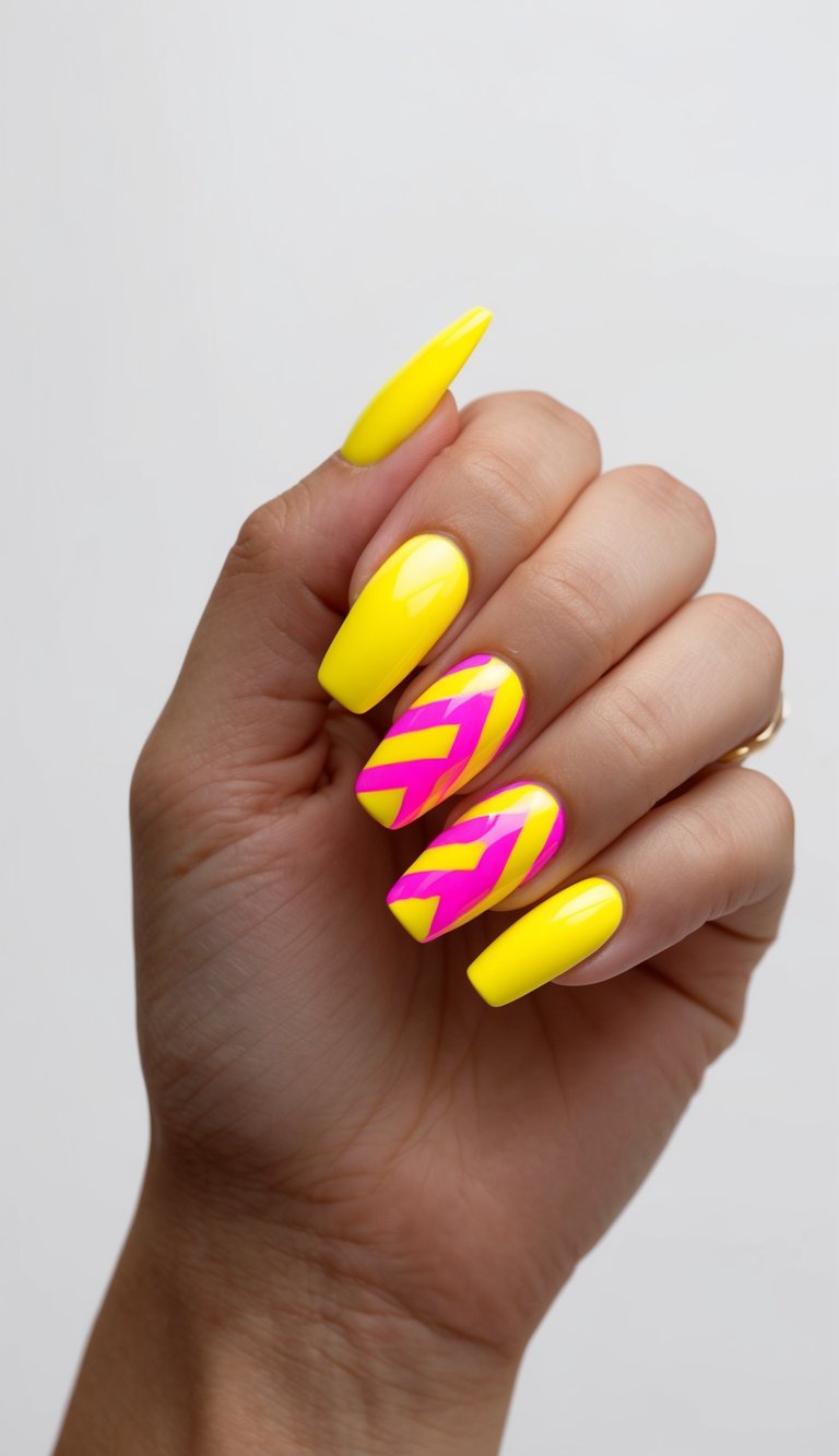 A close-up of bright yellow nails with neon chevron accents, arranged in a playful and vibrant pattern