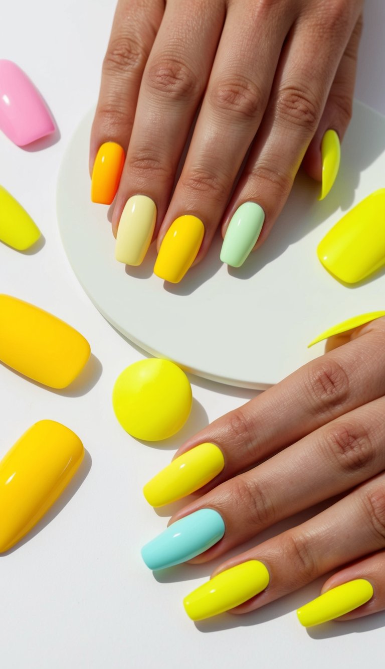 A vibrant array of yellow nail art designs, ranging from pastel to neon, displayed on a clean, minimalist backdrop
