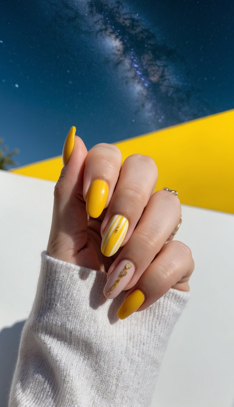 A clear starry night sky with a bright yellow backdrop, showcasing various nail art designs in shades of yellow