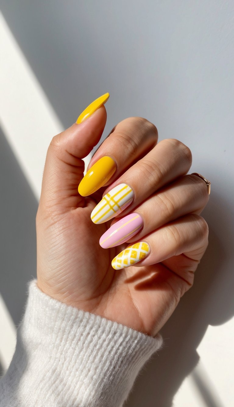 A vibrant array of yellow nail art designs, ranging from pastel to bright shades, arranged in a crosshatched pattern with rays of light shining down