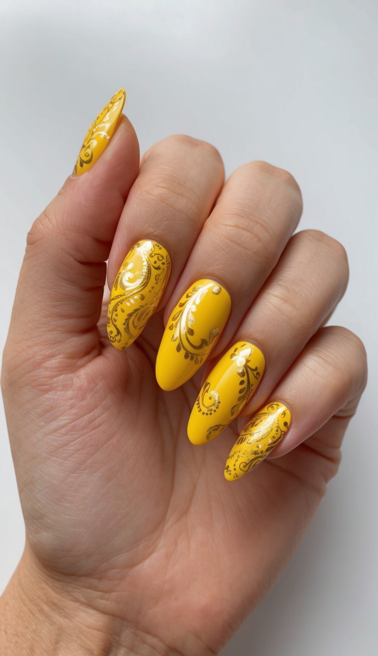 Golden paisley swirls adorn bright yellow nails in various designs