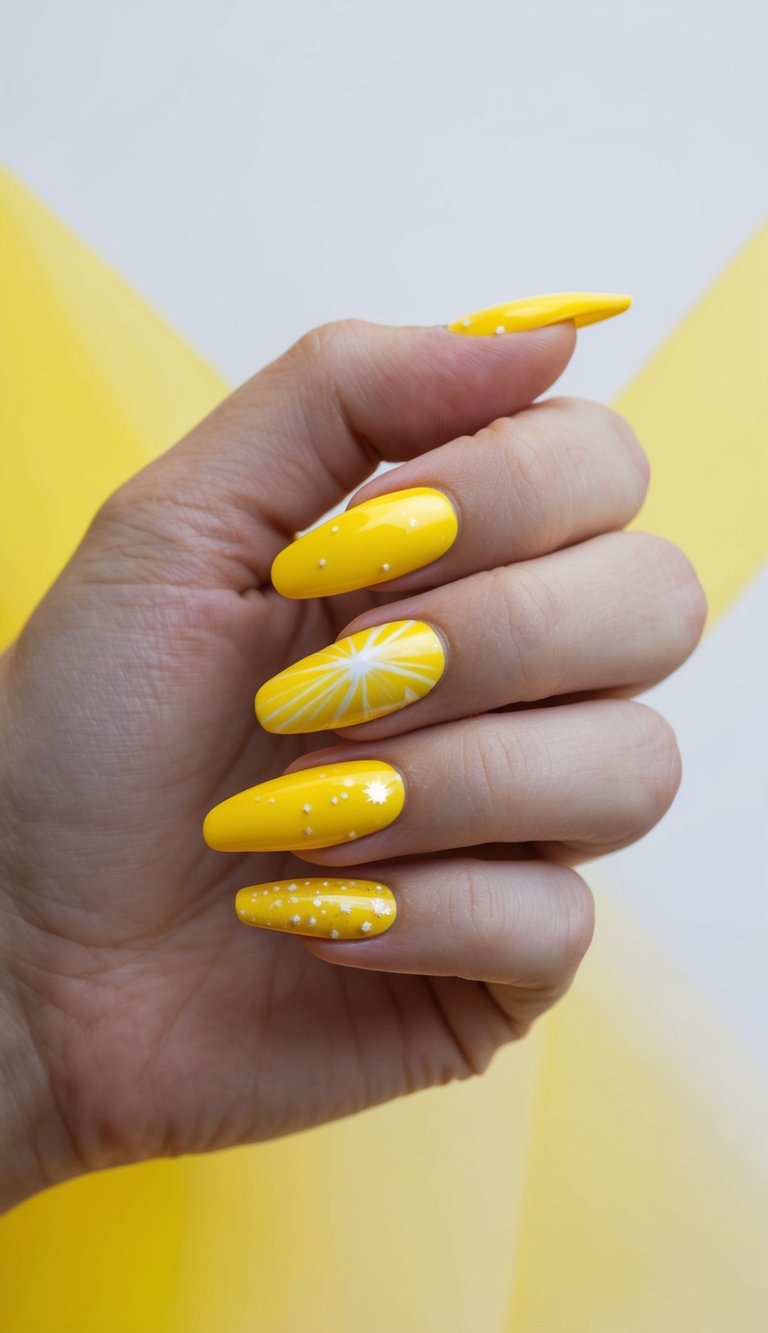 A galaxy of bright yellow nail art designs against a yellow background