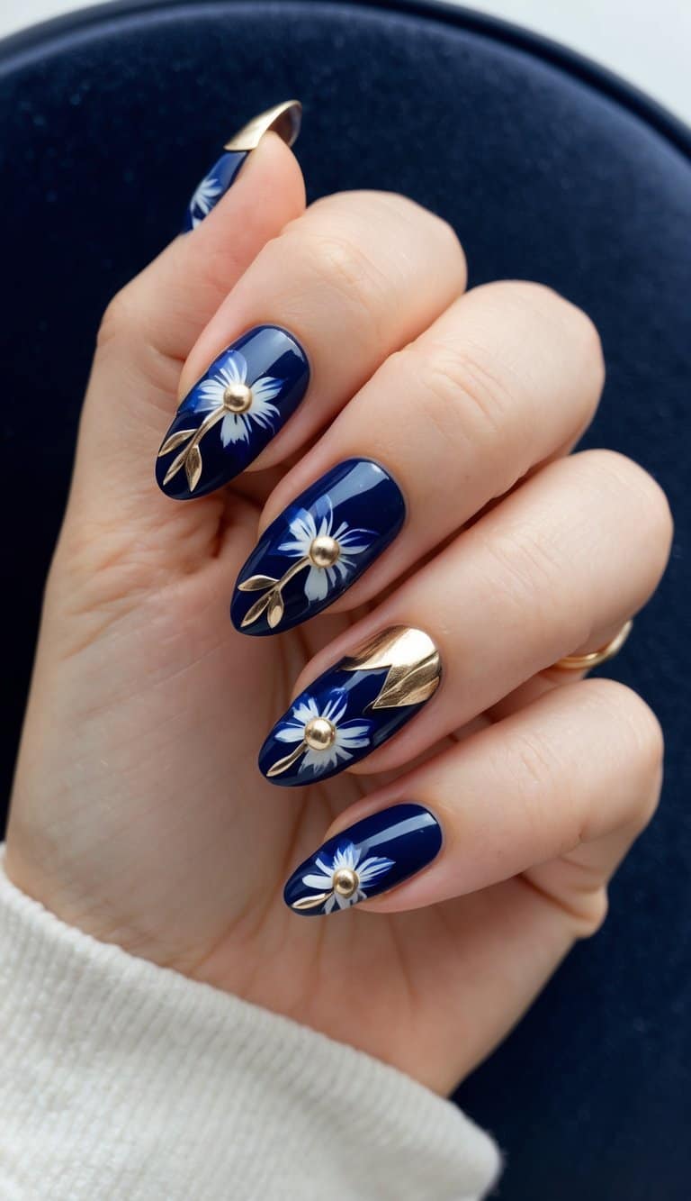 Navy blue floral nail art with metallic accents on a dark velvet background