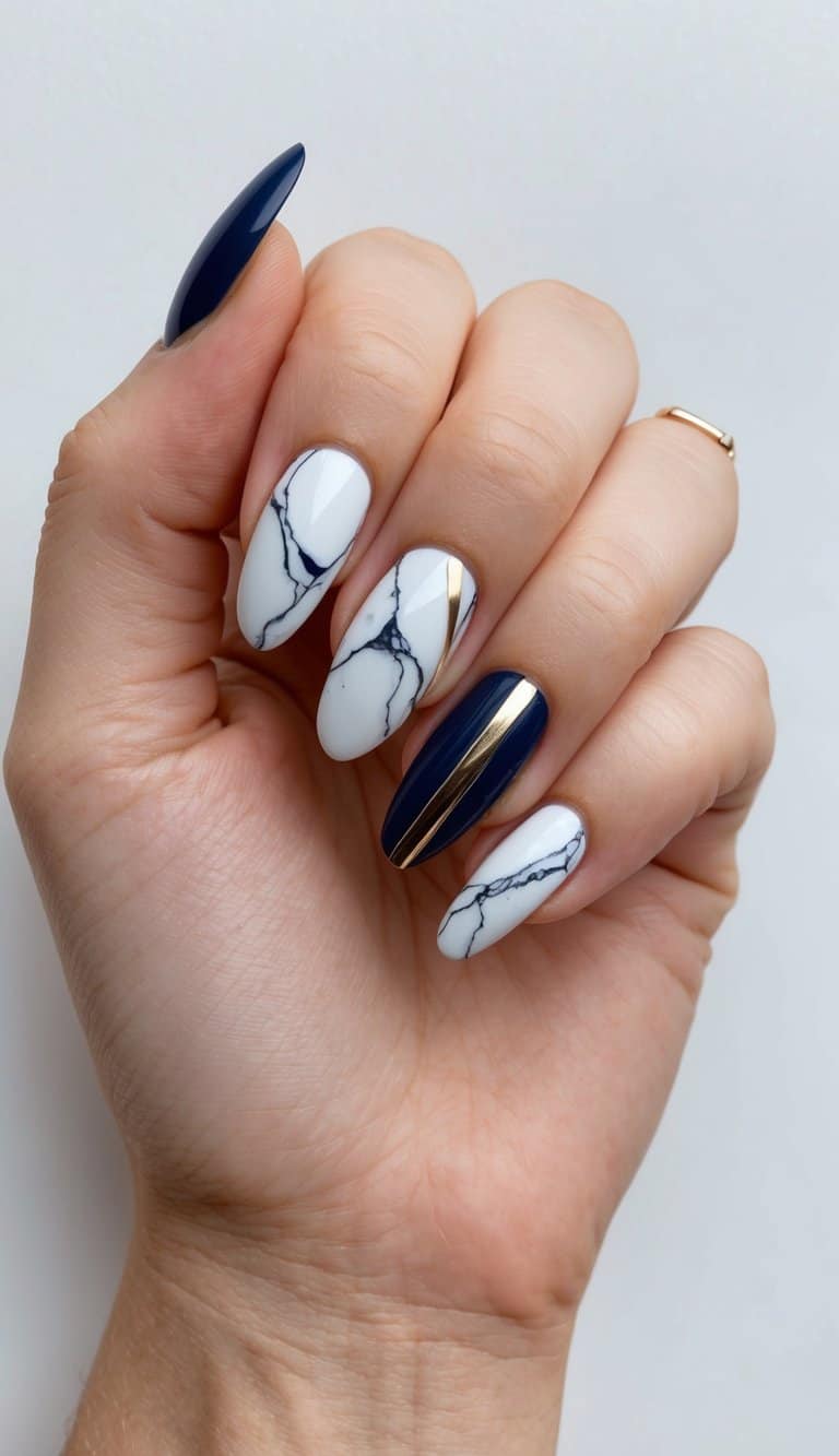 Navy and white marble nail art designs with metallic accents