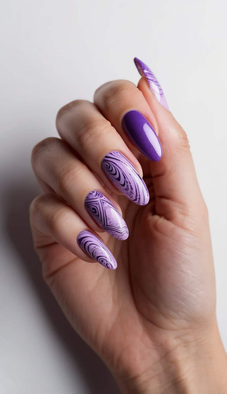 A swirling gradient of purple ombre nail designs, with intricate patterns and delicate details
