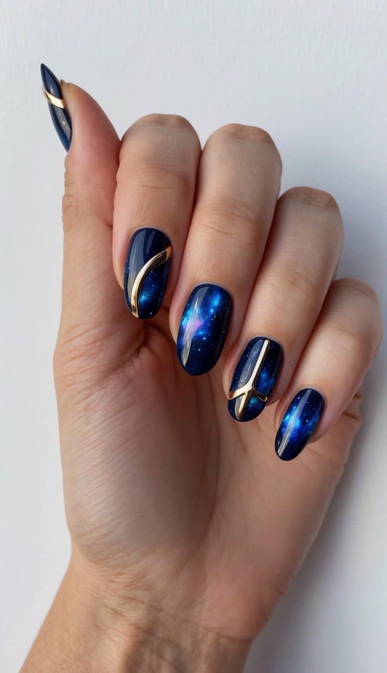 A navy blue galaxy design with metallic accents on nails