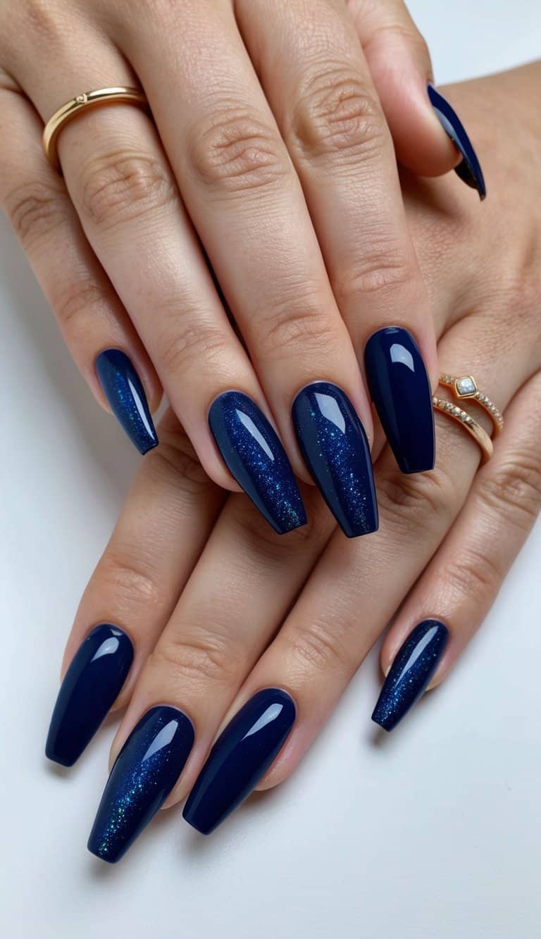 Chic navy blue nails with opal shimmer, arranged in a stylish and modern nail art display