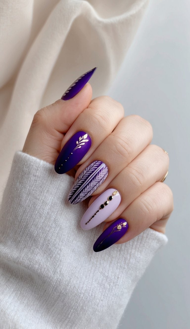 A close-up of royal purple gradient nails, with intricate designs and patterns, against a soft, neutral background