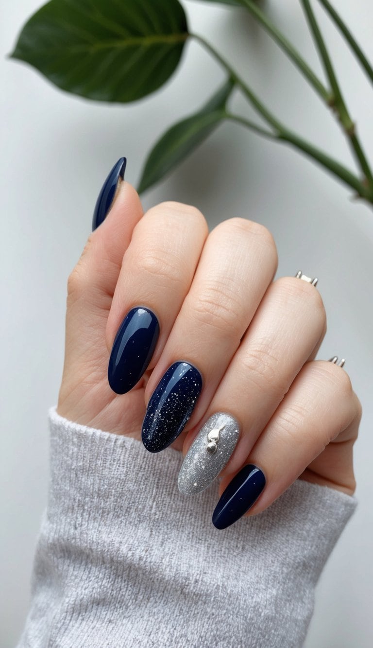 A glossy navy blue nail adorned with silver dust, set against a chic background