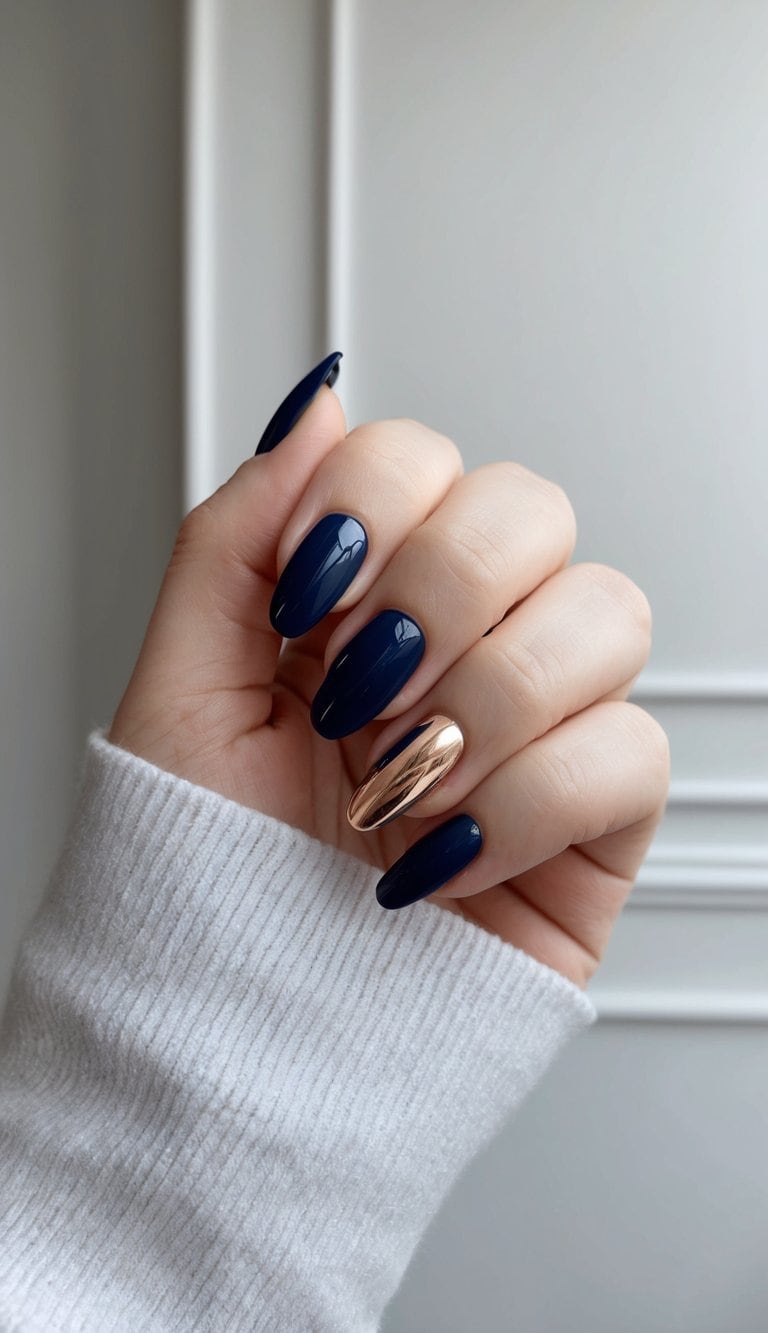 A sleek navy blue nail art design with metallic rose gold accents, set against a sophisticated and elegant backdrop