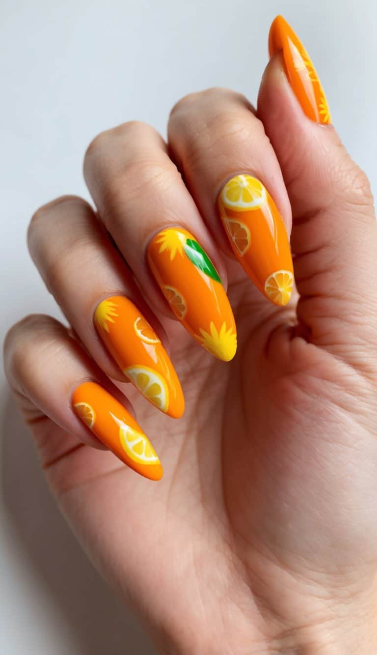 Vibrant orange almond nails with citrus and sunshine motifs