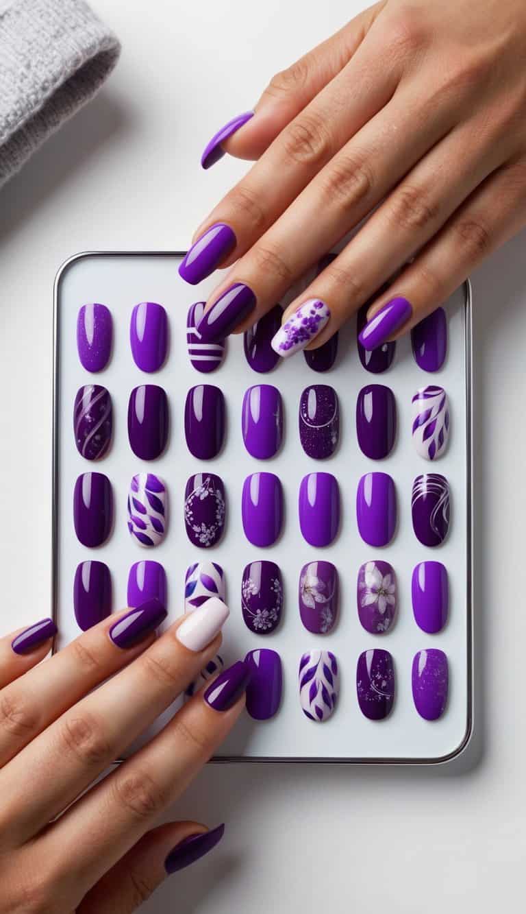 A collection of 50 stunning purple nail art designs displayed on a sleek, modern display stand