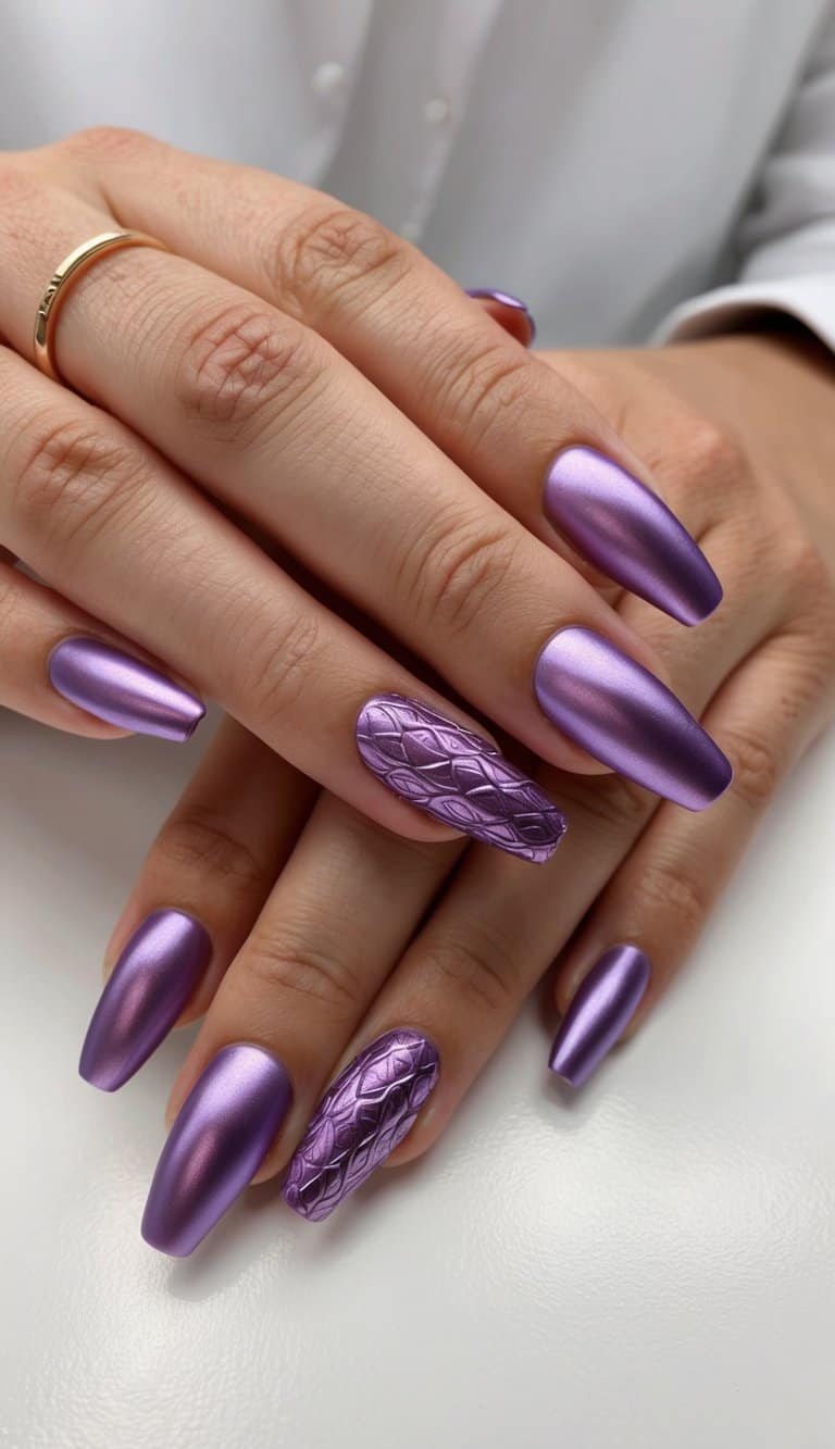 A table adorned with metallic lavender nail art designs, showcasing stunning purple hues and intricate patterns
