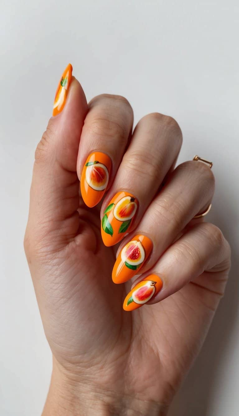 A vibrant orange almond nail art design featuring nectarines and almonds as the main motifs