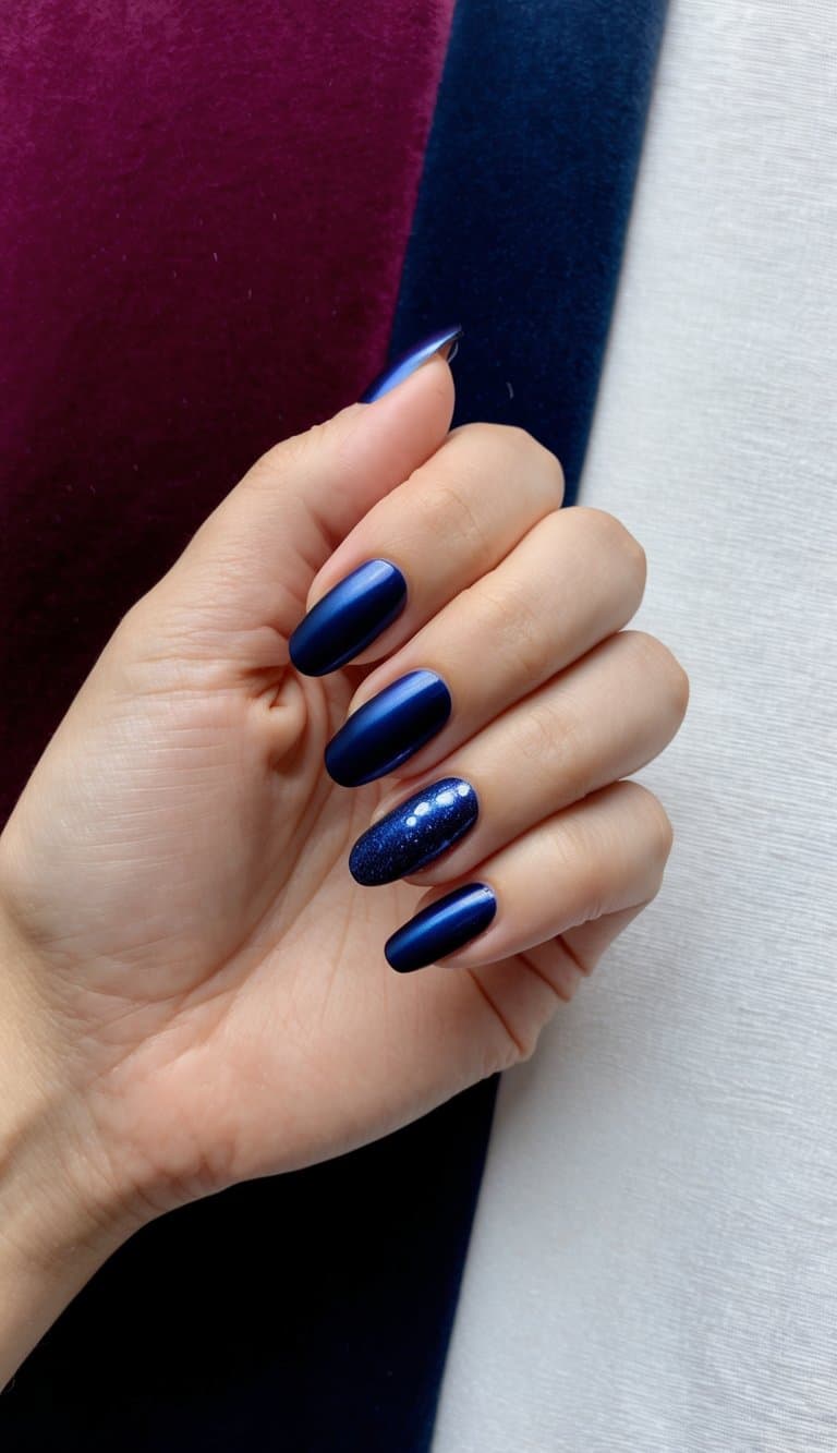 A velveteen background in navy and burgundy with metallic navy blue nail art designs