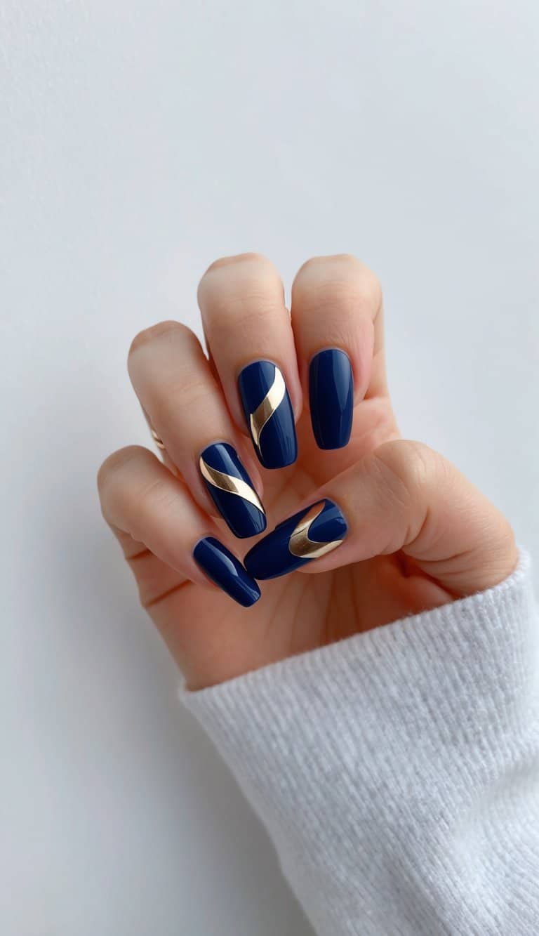 A navy blue nail art design with metallic swooshes, against a clean, minimalist background
