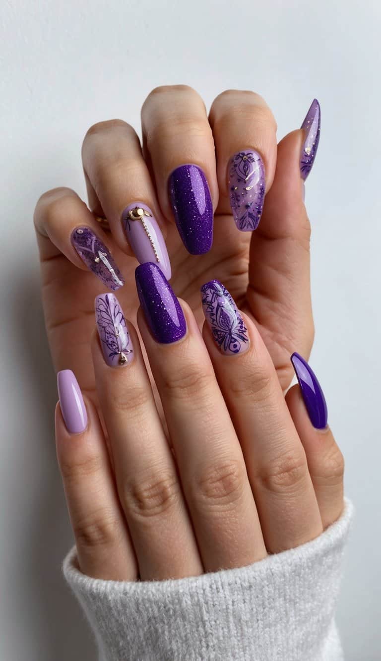 A sparkling purple nail art display with various intricate designs