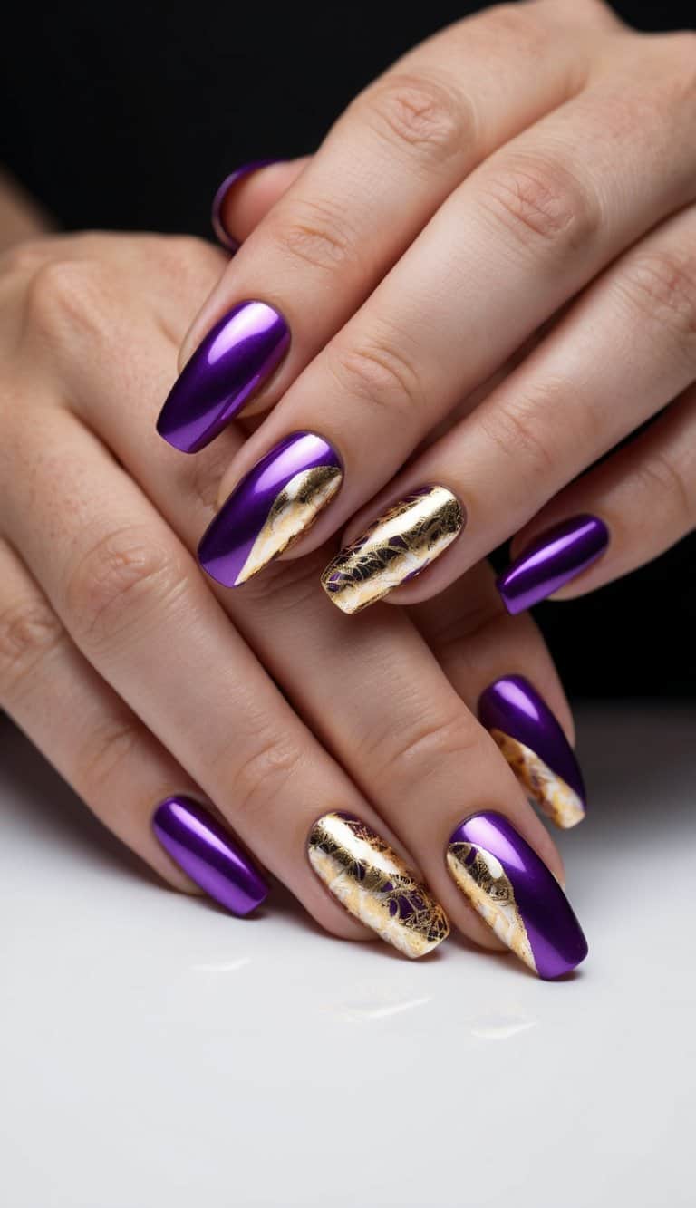 A close-up of purple and gold foil nail art designs on a black background