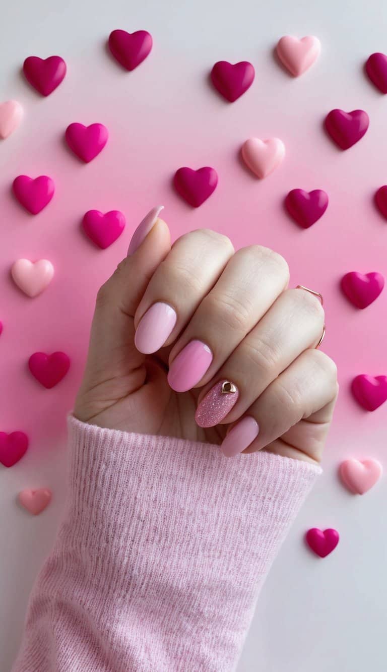 Pink nails with different shades of pink and a glittery accent nail with a gold charm