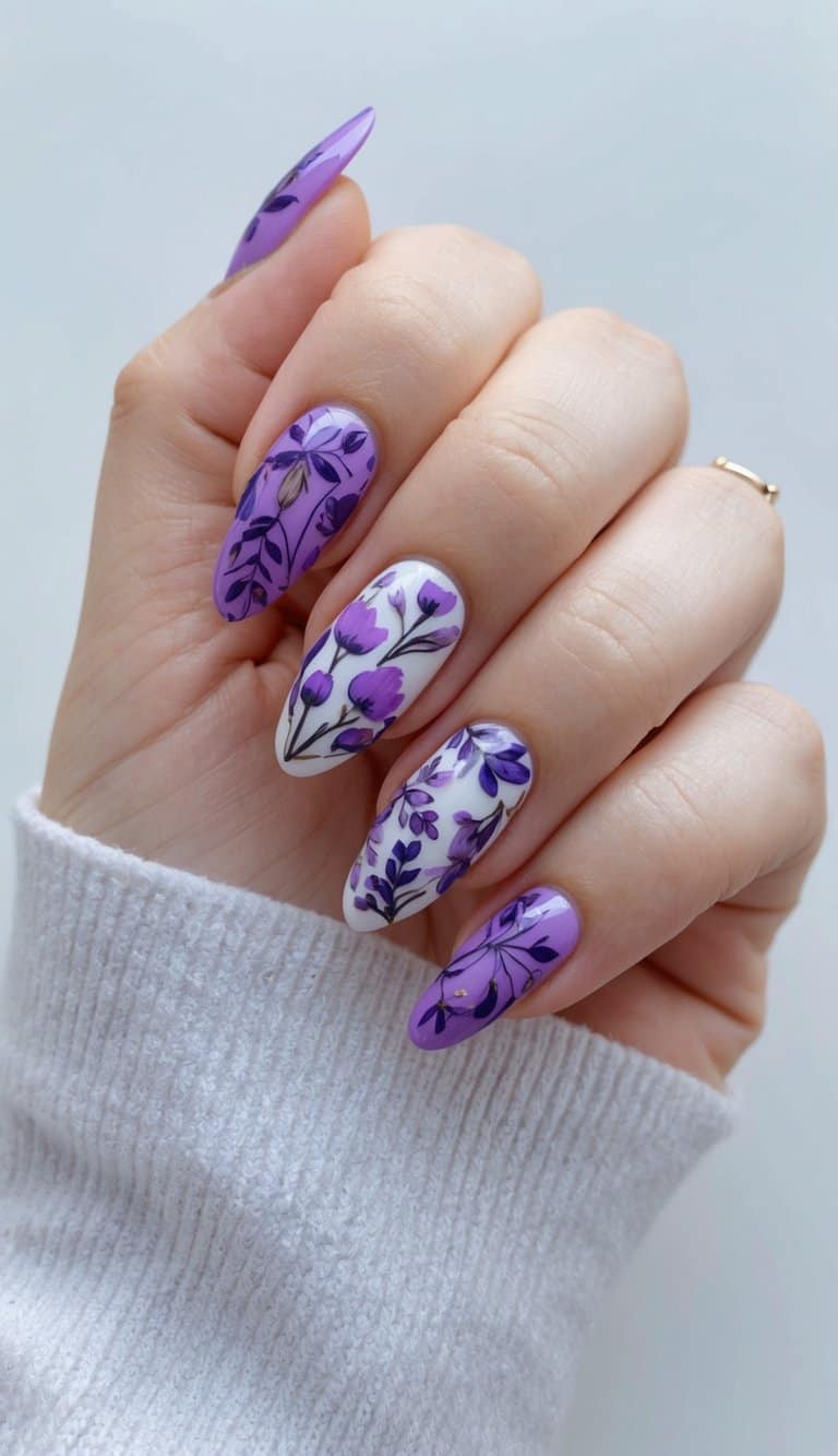 A collection of stunning purple nail art designs featuring intricate floral and lavender-inspired patterns