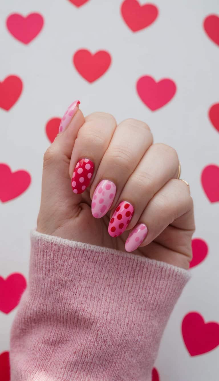 Pink and red polka dot nail art on a romantic Valentine's themed background