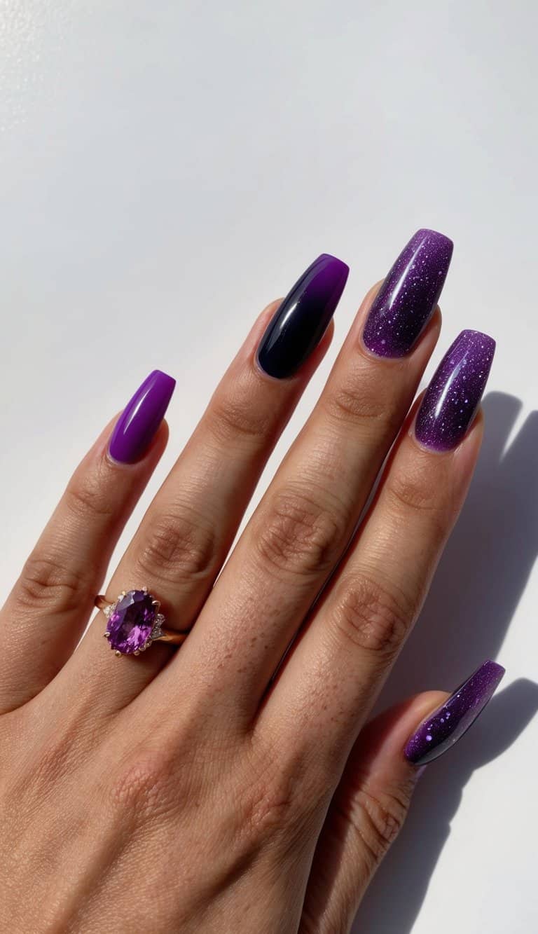 A close-up of different purple nail art designs on display, with sparkling amethyst tips catching the light