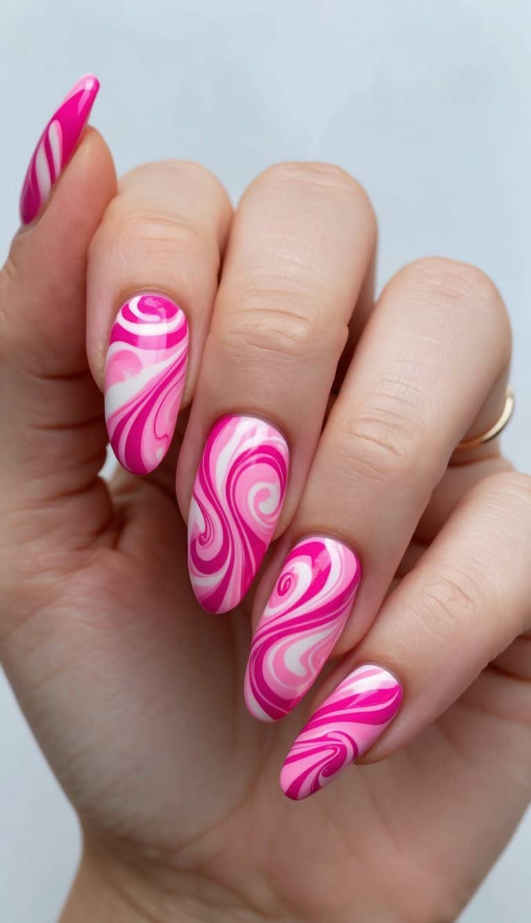 Vibrant pink swirls intertwine on a nail canvas, evoking romantic Valentine's Day vibes