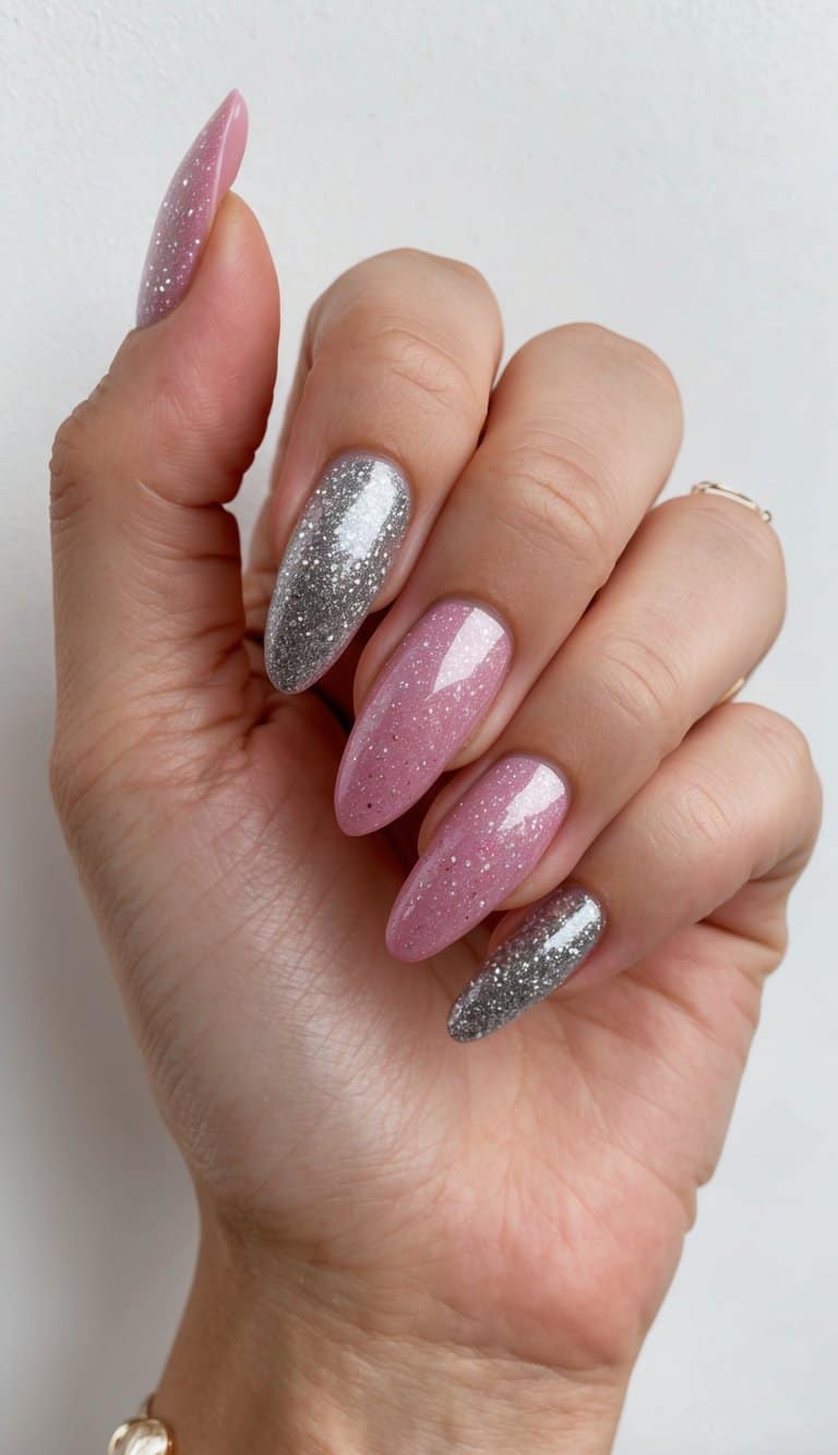 A pink and silver glitter nail design with a romantic Valentine's Day theme